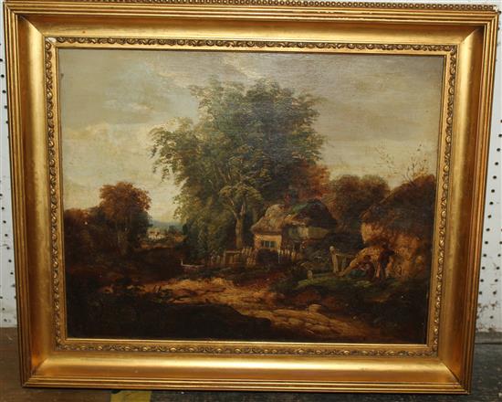 19C English School, oil on canvas, landscape with figures and cottages